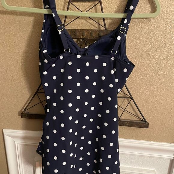 Lands End Navy White Polka Dots Women’s Gathered One Piece Swim Suit 6 - Picture 6 of 10